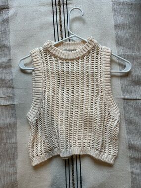 Open Knit Sleeveless Cream Sweater Top